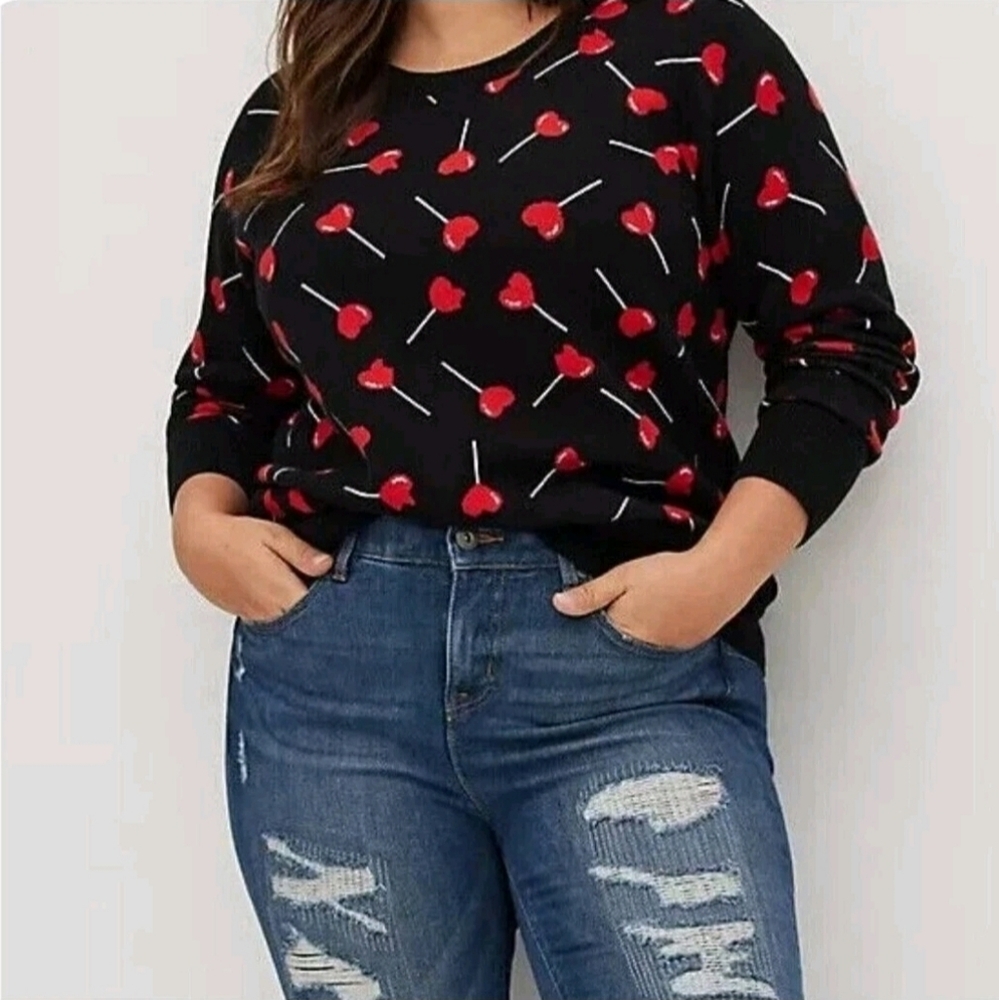 Torrid Black Sweater with Red Heart Lollipop Design 2xl